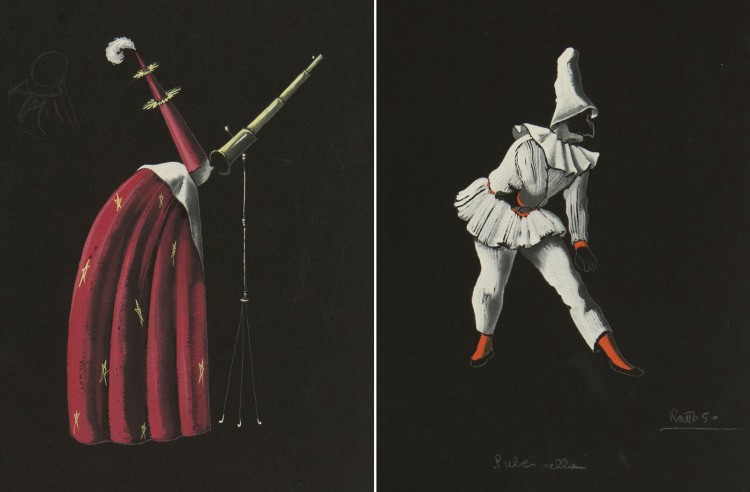 Figurino dos personagem Mago (esq.) e Pulcinella feito por Gianni Ratto para o balé "Pulcinella" (1950), de Stravinski, do acervo do teatro Scala de Milão (Arcervo Scala)